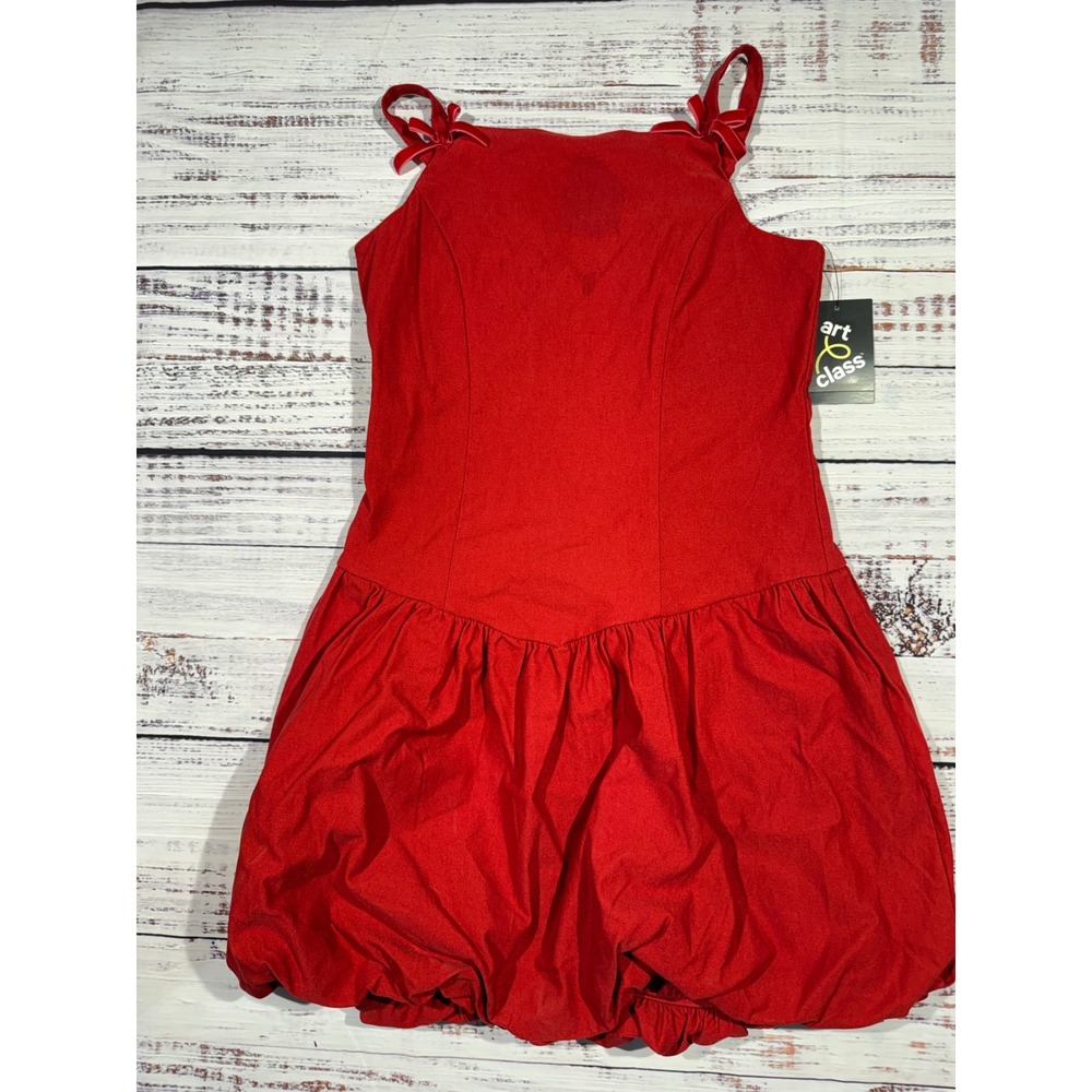 Art Class Girls Red Bubble Hem Dress Velvet Bow Straps Size L 10/12 NWT
